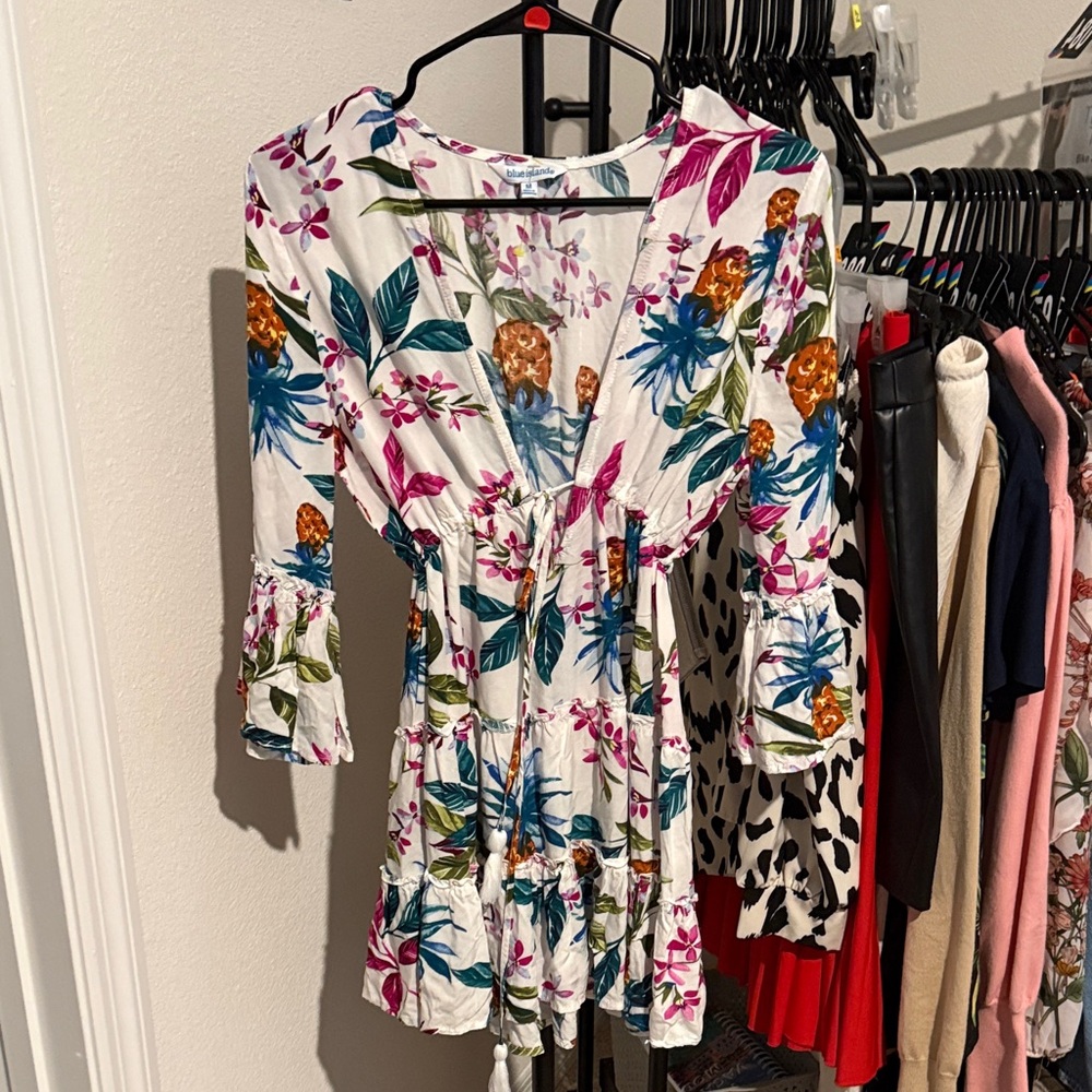 Blue Rain White Floral V-Neck Smock Tunic with Multicolor Blooms